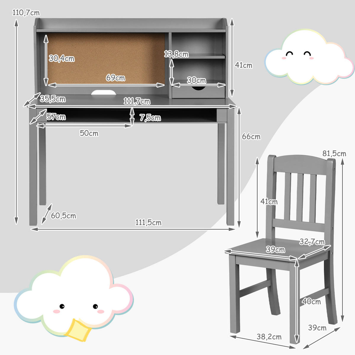 KINDERSCHREIBTISCH mit Hängeplatte grau(2-tlg) - Grau, Holzwerkstoff (111.5/110.7/60.5cm) - COSTWAY