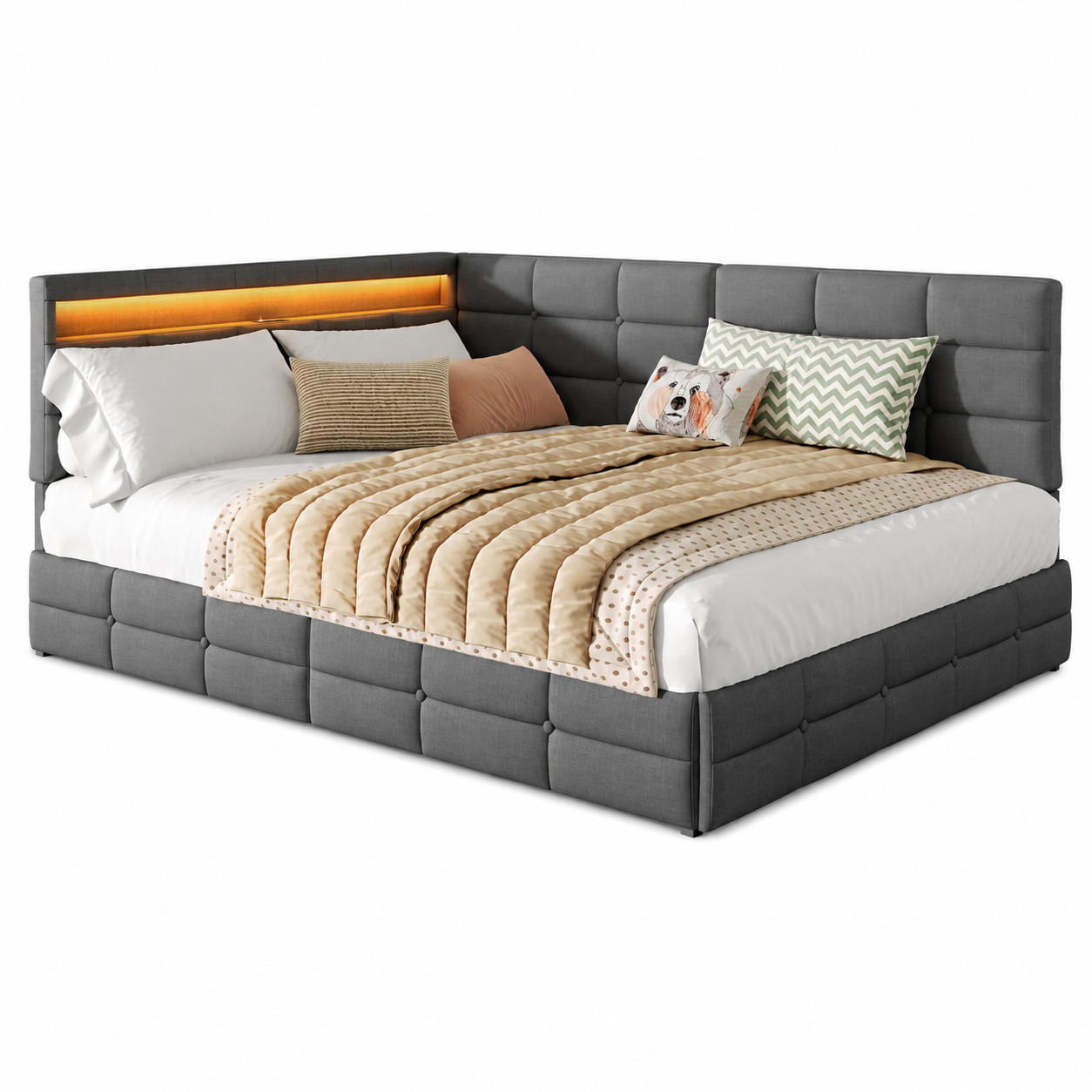 POLSTERBETT 140/200 cm, graues Stoffbett mit LED-Kopfteil und Stauraum, modernes Einzel- und Jugendbett für Schlafzimmer - Grau, Holz/Metall (140/200cm) - Joyfair