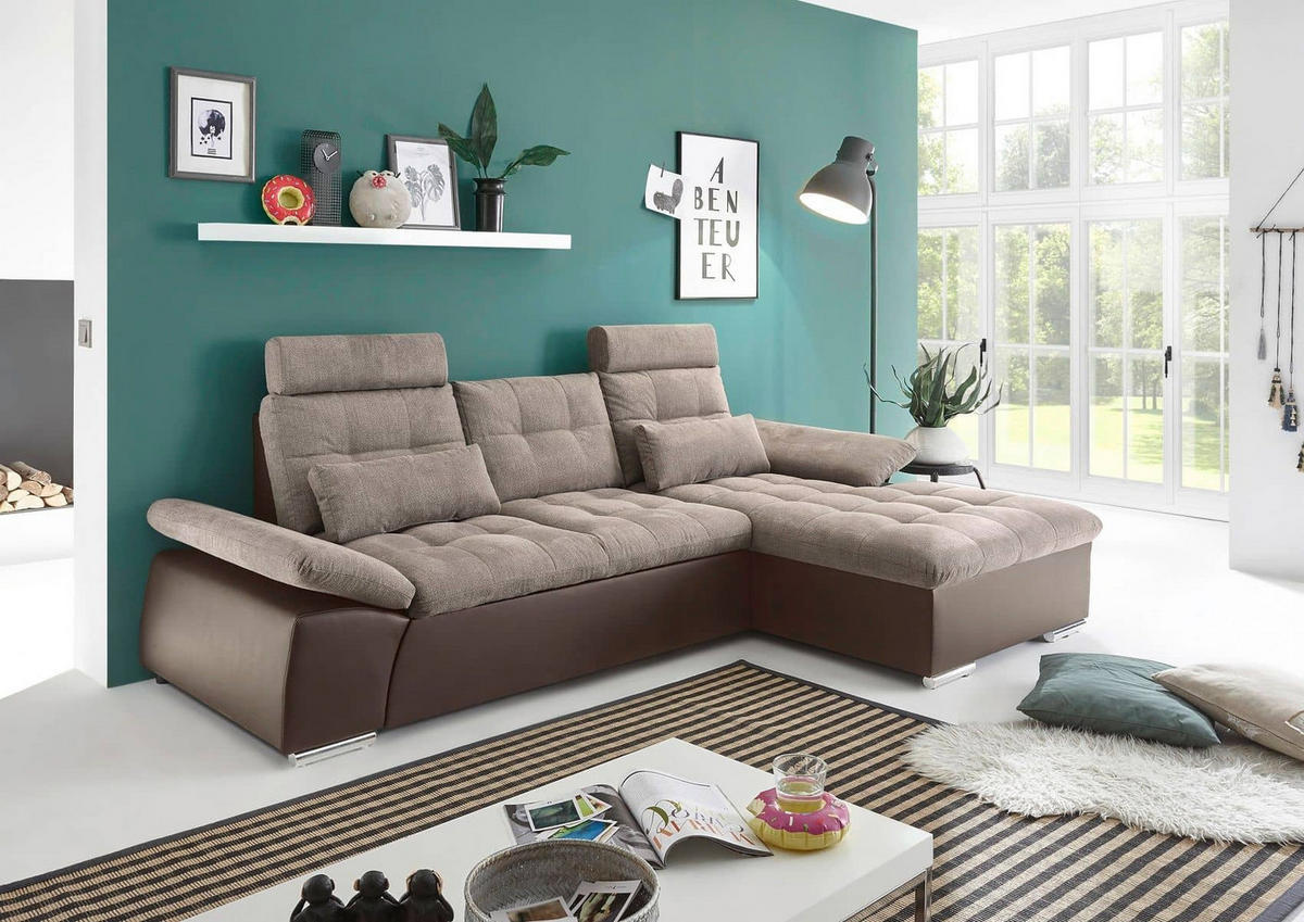 ECKSOFA mit Schlaffunktion und verstellbaren Armlehnen - Chromfarben/Beige, Kunststoff/Textil (170/268cm) - ed exciting design