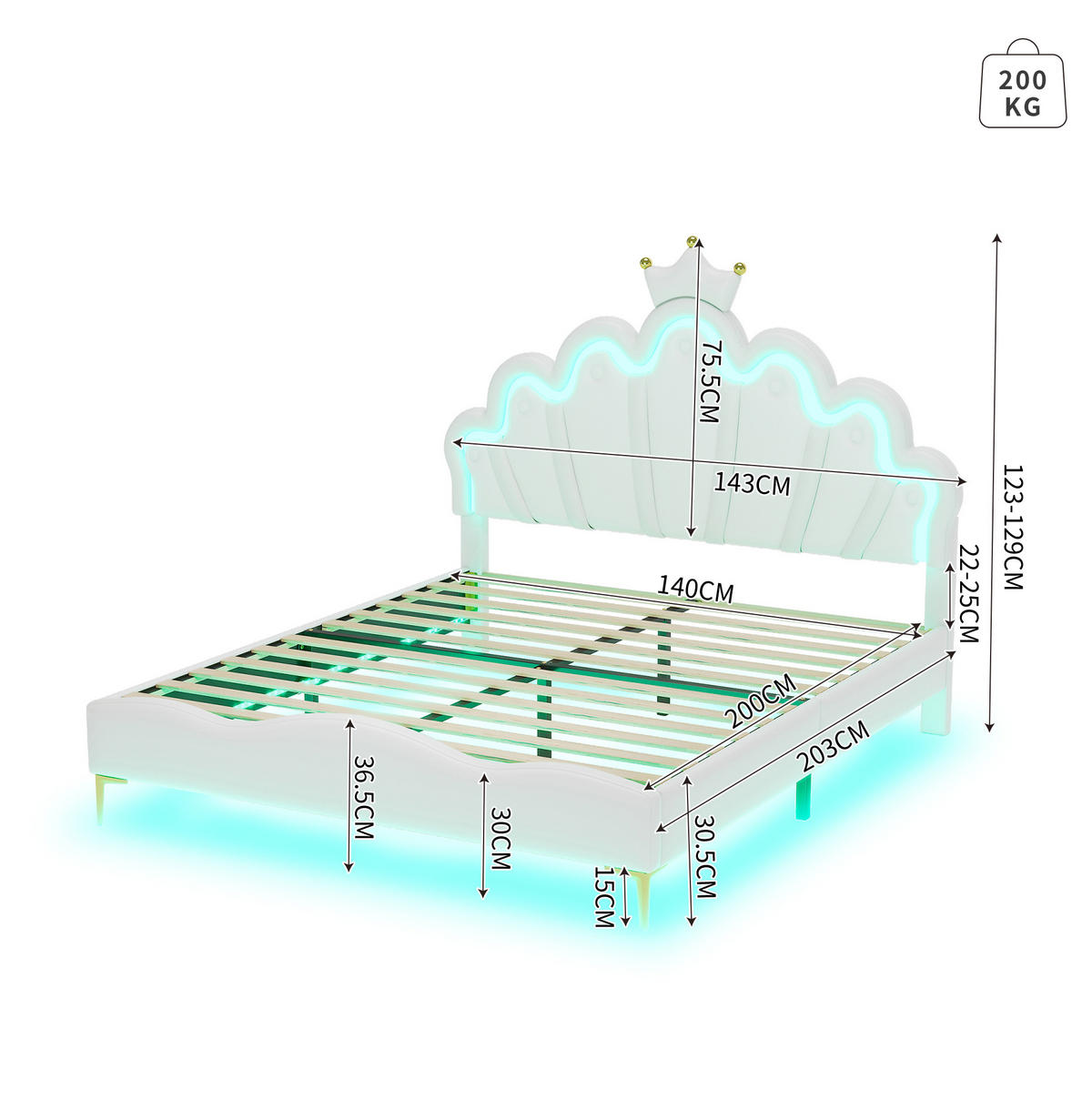 KREVET od PU kože, 140/200 cm bijeli, s LED rasvjetom i podesivim uzglavljem - bijela, plastika (140/200cm) - Modenvie