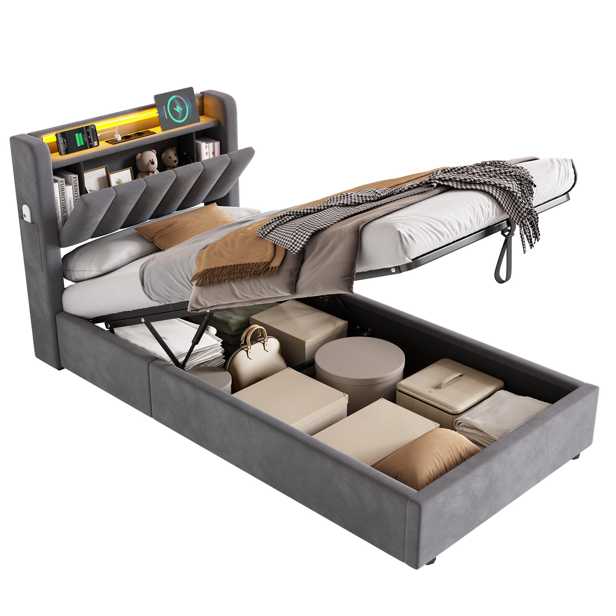 POLSTERBETT 90/200 cm Grau mit LED-Lichtleiste und USB-Anschlüssen - Grau, Holzwerkstoff (90/200cm) - OKWISH