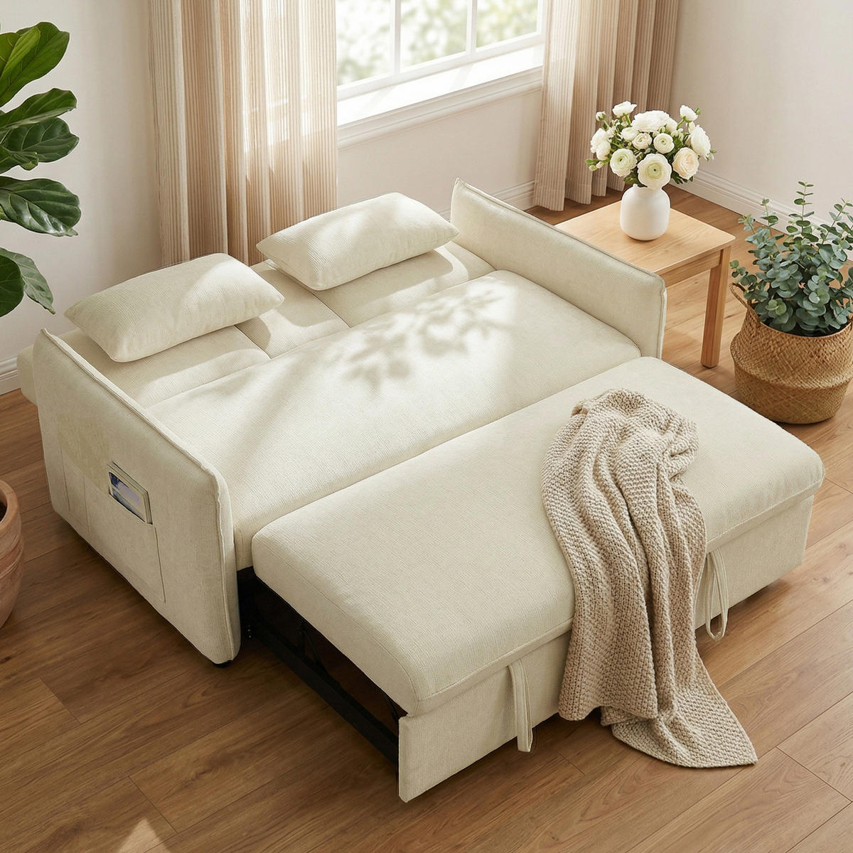 SCHLAFSOFA Chenille Beige - Beige/Schwarz, Holz/Kunststoff (90/84/166cm) - HOMCOM