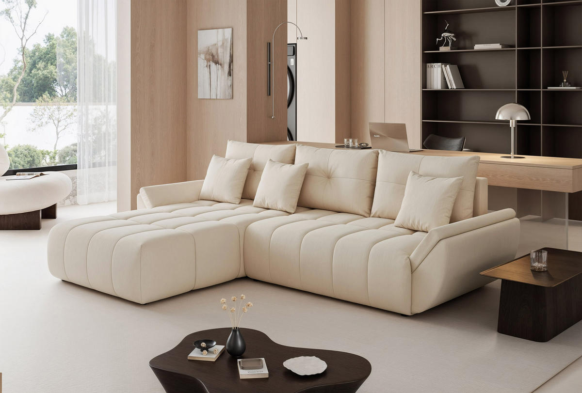 ECKSOFA ARO mit Schlaffunktion und Bettkasten Creme - Creme, Holzwerkstoff/Kunststoff (280/190cm) - Idohome