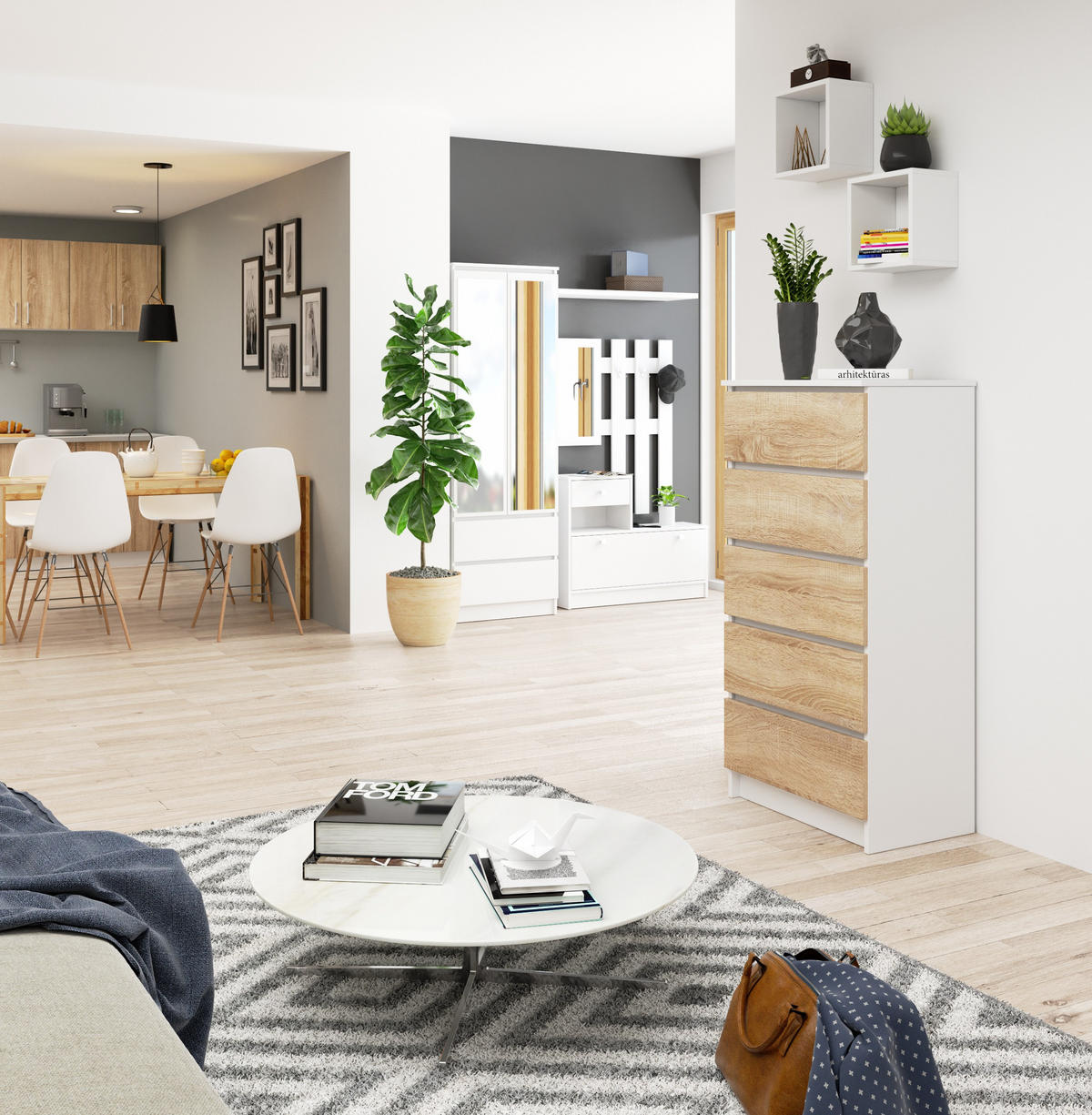 KOMMODE Weiß, Sonoma Eiche 60x40x121 cm - Weiß/Sonoma Eiche, Holzwerkstoff (60/121/40cm) - Akord