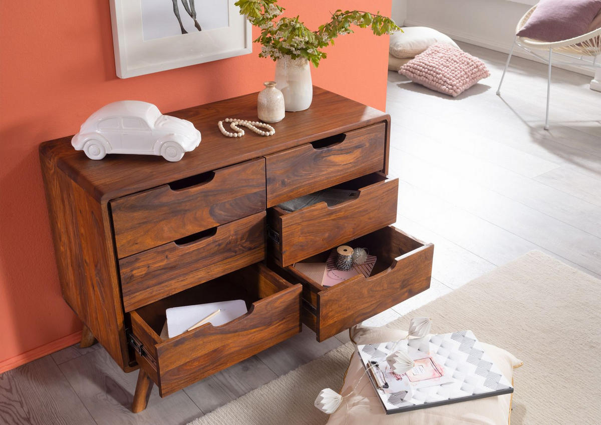 KOMMODE Sheesham 90x40x65 walnuss gewachst MALMÖ 2 #105 - Dunkelbraun, Holz (90/65/40cm) - Massivmoebel24