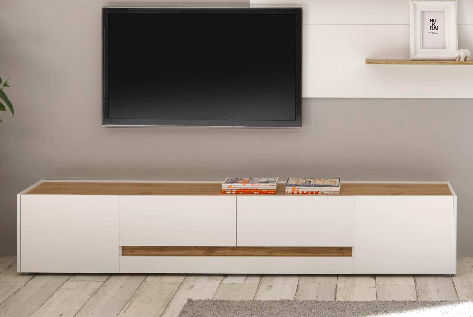 TV-LOWBOARD weiß, Eiche Wotan 220 cm, TV-Unterteil XXL - Eiche Wotan/Schwarz, Holz/Holzwerkstoff (220/40/45cm) - Furn.Design
