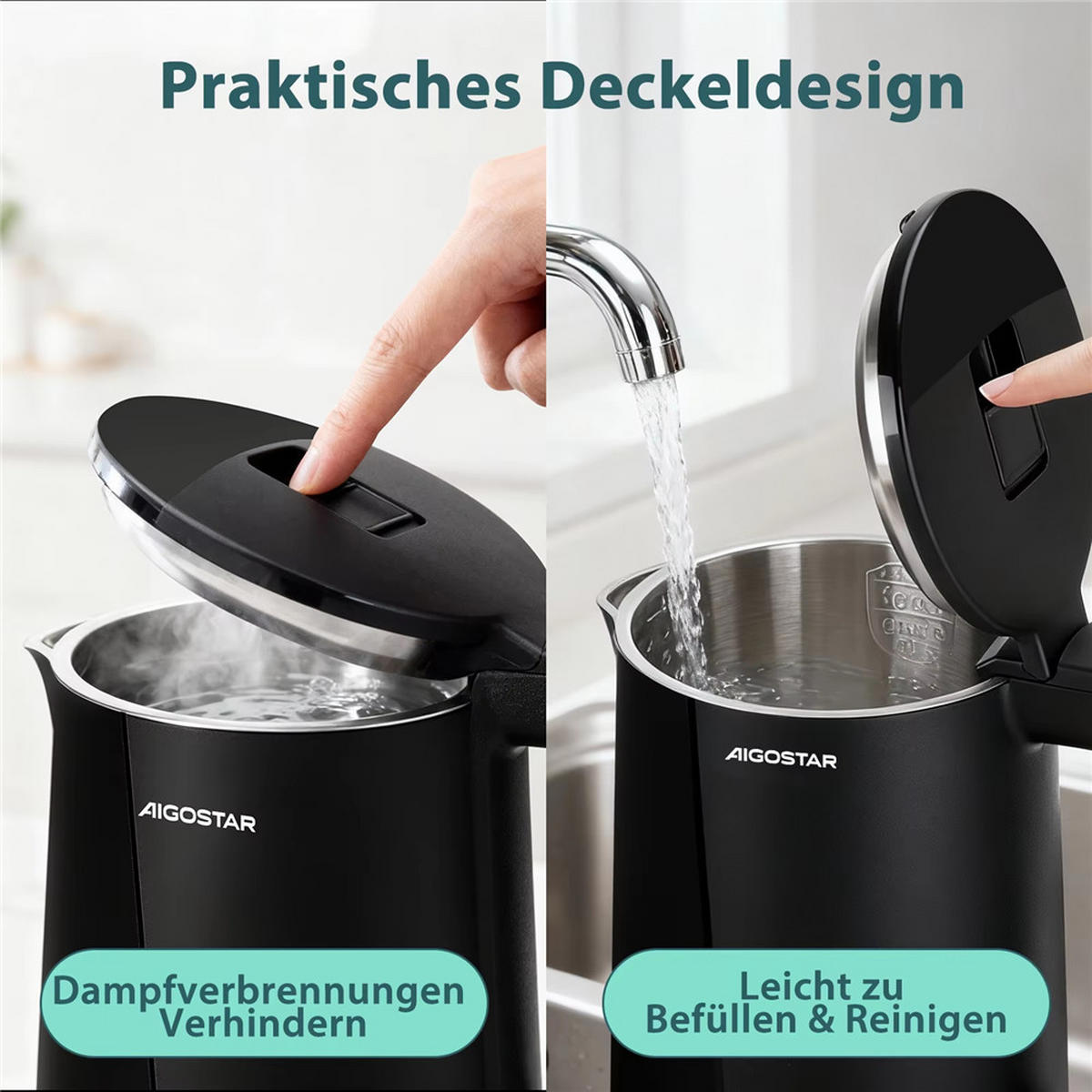 WASSERKOCHER Edelstahl 1,7L – 2200W Doppelwand Schwarz - Schwarz, Metall (1/1/1cm) - Kaket