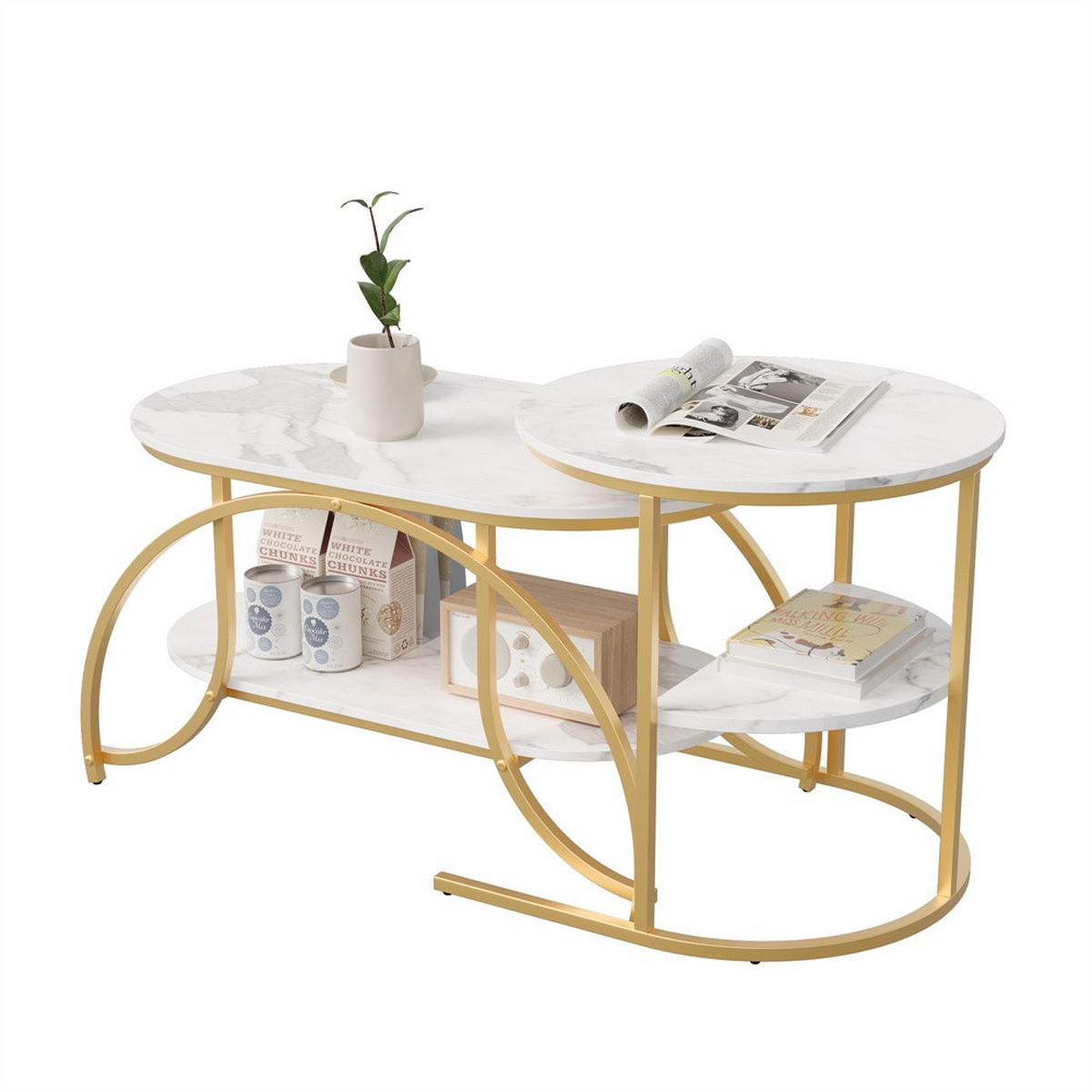COUCHTISCH 2er-Set - Ovaler und Runder Beistelltisch mit Ablage in Marmoroptik - Weiß und Gold - Goldfarben, Holzwerkstoff (46/80/45cm) - DELFA