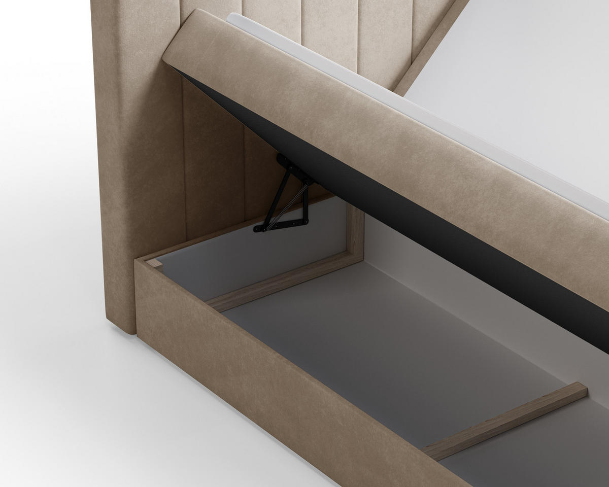 BOXBETT 01 BIS 180 x 200 cm - Manila - Modernes Polsterbett mit Bettkasten inkl. PU-Schaum-Topper und Federmechanismus - Beige, Holz (180/200cm) - ROYAL24_MARKT