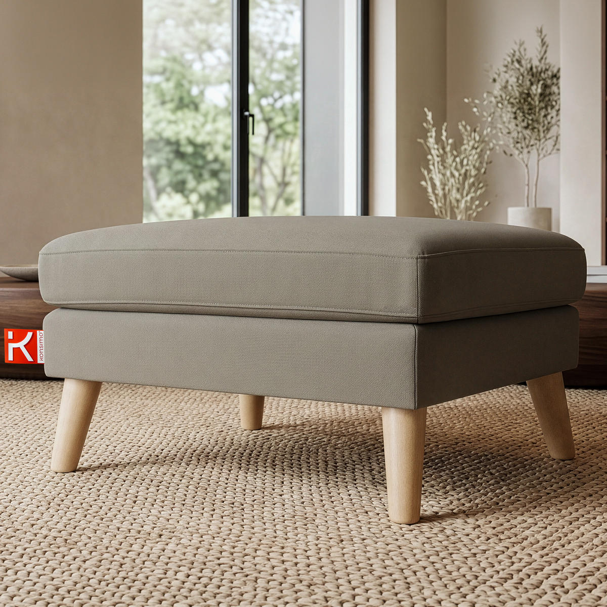 SITZHOCKER TAGIO Pouffe, beige - Beige/Braun, Buchenholz/Textil (65/46/80cm) - KONSIMO®