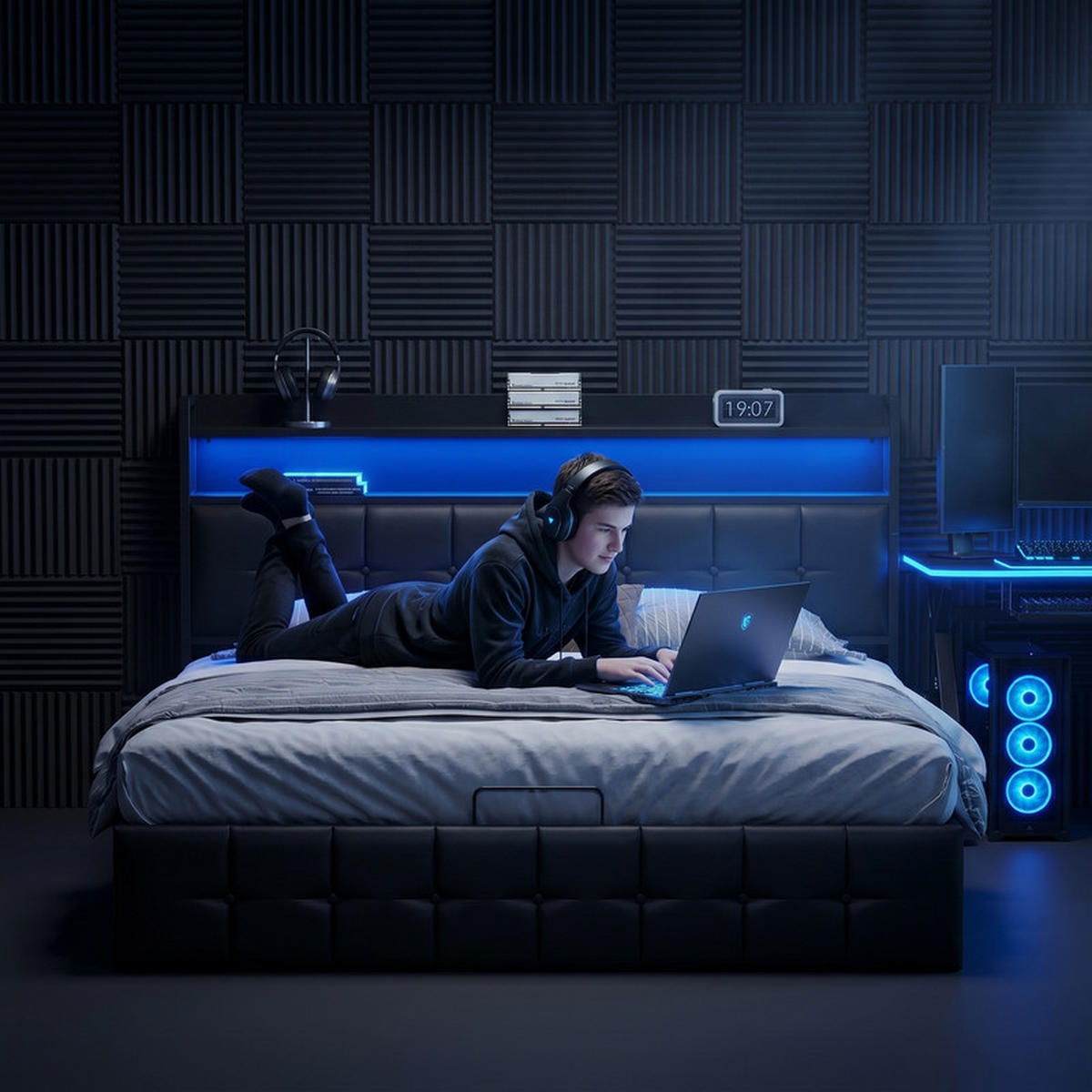 POLSTERBETT 140/200 cm schwarz mit Stauraum, LED und USB - Schwarz, Holz