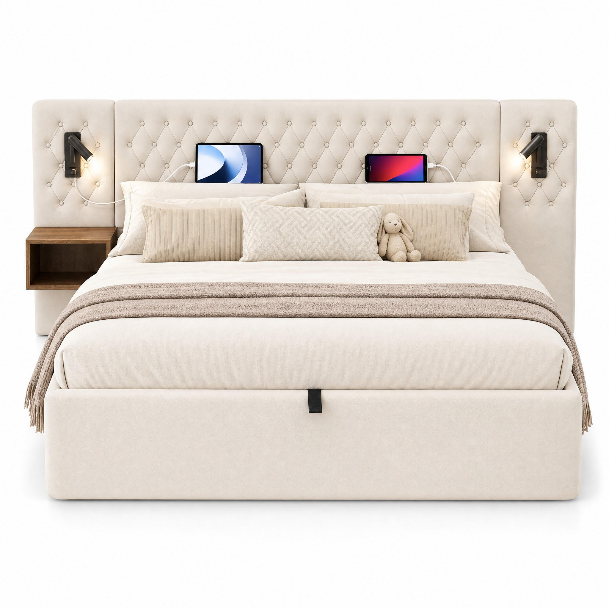 POLSTERBETT 160/200 mit Bettkasten, 2 Nachttischen und USB Type-C in Beige - Beige, Holzwerkstoff/Textil (160/200cm) - EVRYAE