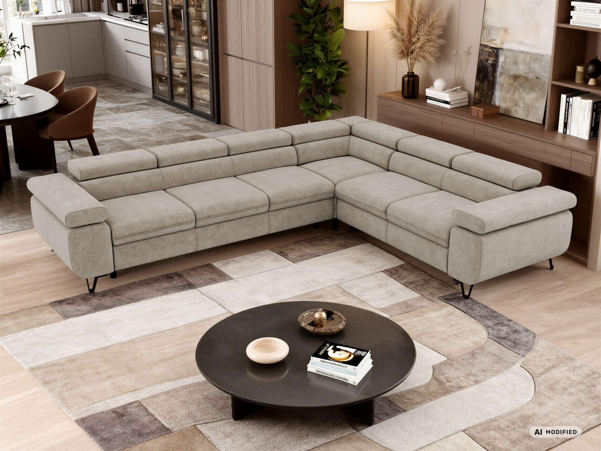 ECKSOFA NORDEN L - Greige Stukture - Links Seite - Greige/Schwarz, Textil/Metall (269/329cm) - MKS