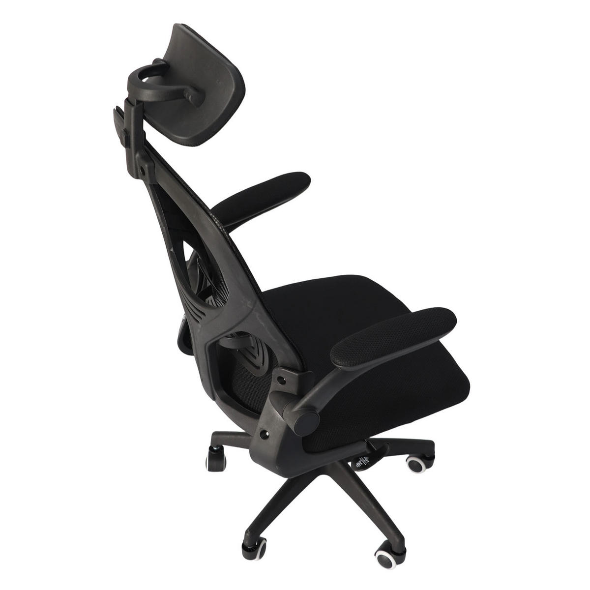 BÜROSTUHL ergonomisch Schwarz – Mesh Drehstuhl mit hoher Rückenlehne, Lendenstütze, 3D Kopfstütze & klappbaren Armlehnen - Schwarz, Kunststoff (51/58/26cm) - Ej. Life