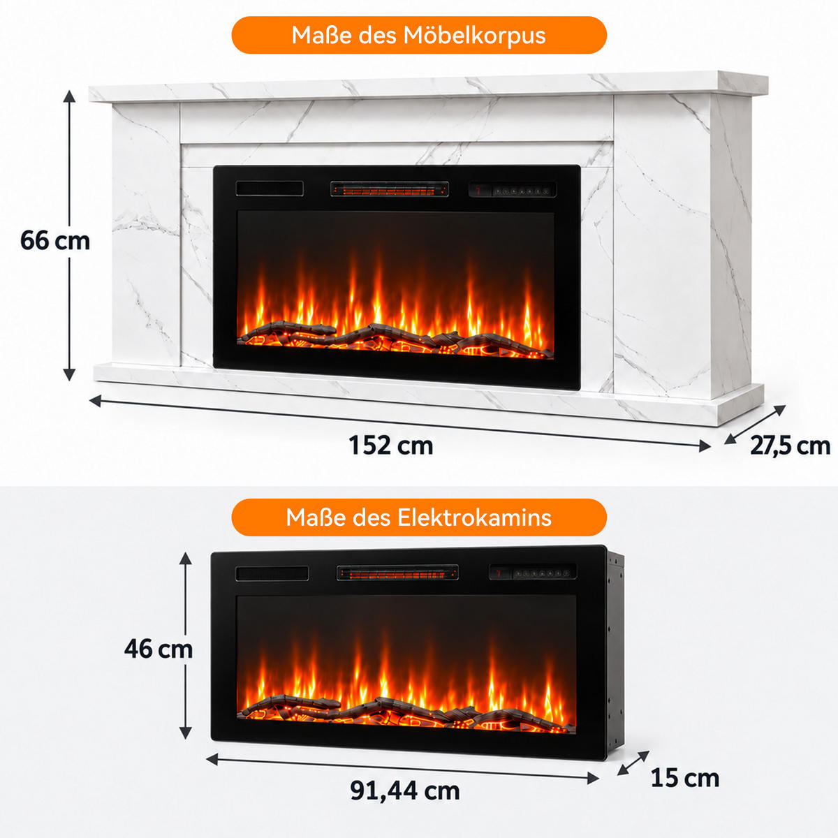 ELEKTROKAMIN mit Schrank, , 36 Zoll, 1000/2000 W Heizleistung, Steuerung über App - Weiß, Holzwerkstoff (27.5/66/152cm)