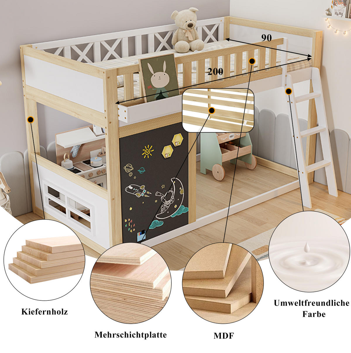 HOCHBETT 120/200 cm Weiß/Natur aus Kiefer+MDF mit Tafel - Weiß, Holzwerkstoff (90/200cm) - OKWISH