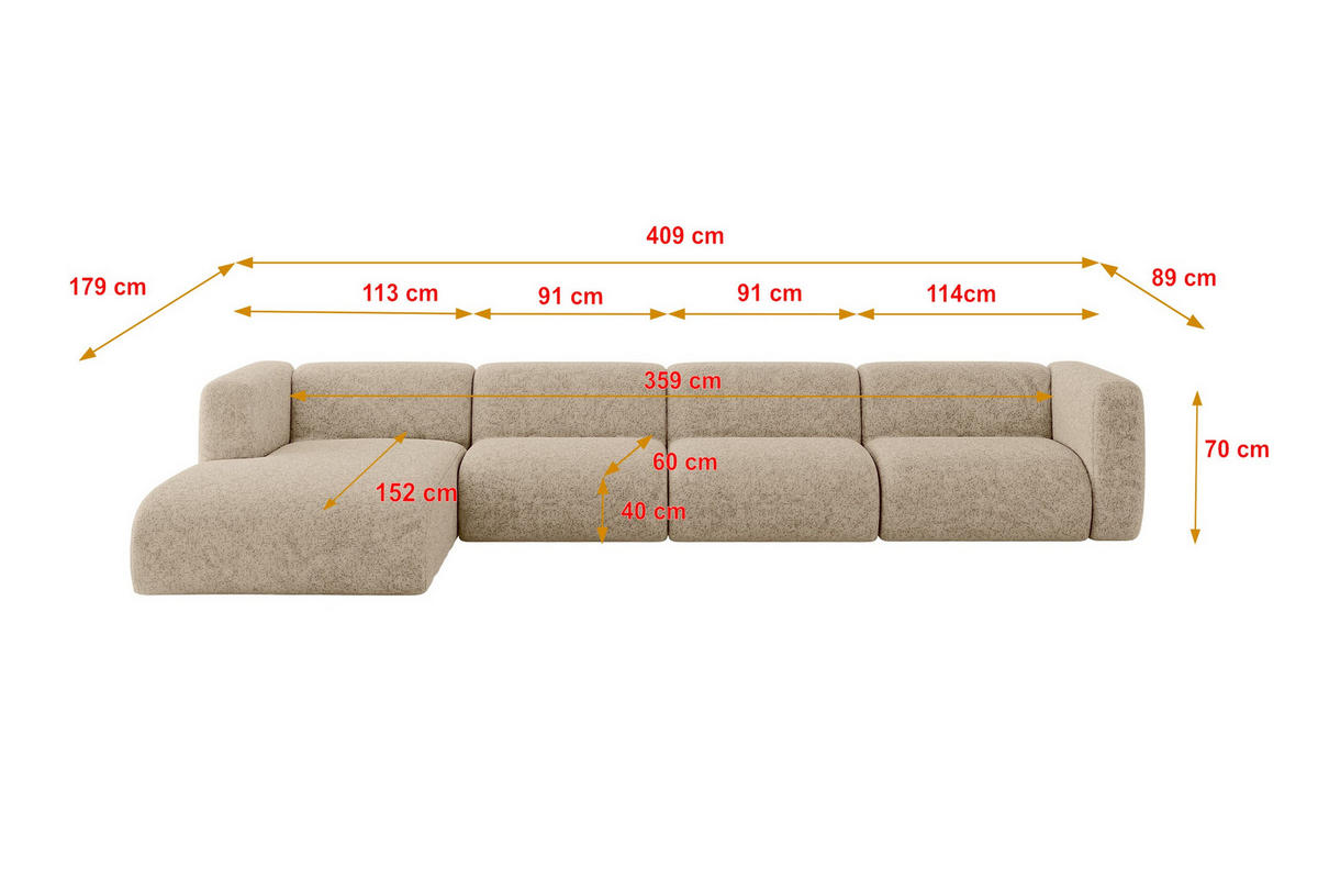 ECKSOFA Ottomane Links MIRA-L3 409x179x70 Braun Velours - Schwarz/Braun, Holzwerkstoff/Kunststoff (409/179cm) - ALTDECOR