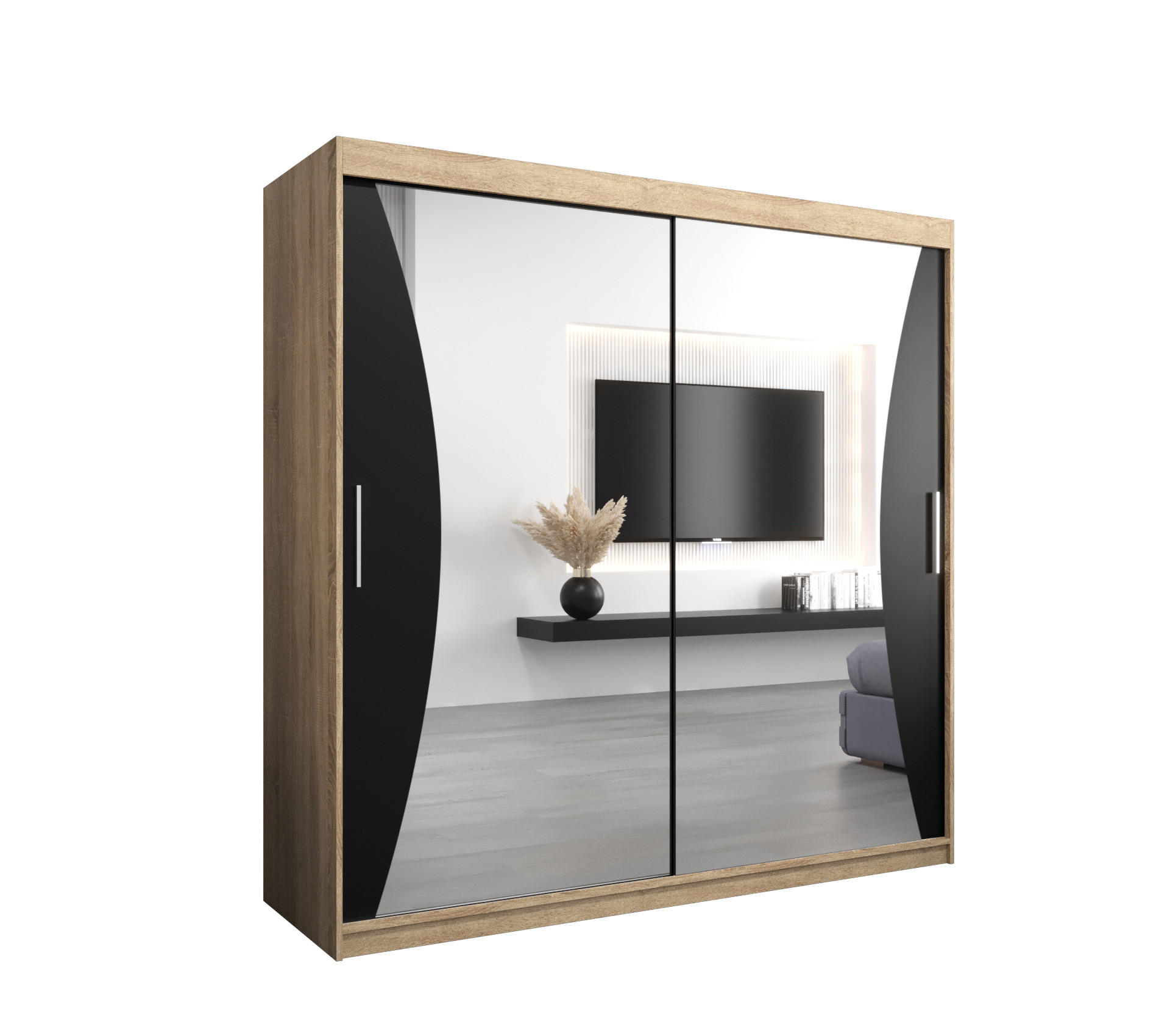 Abiks Möbel Schwebetürenschrank Sonoma Eiche, Schwarz 200x200x62 cm
