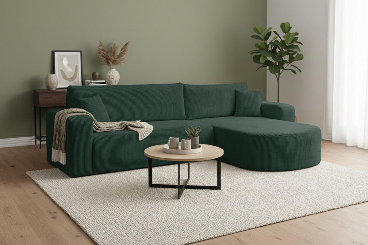 ECKSOFA TOKIO mit Schlaffunktion und Bettkasten, Farbe: Grün, Cordstoff, Ottomane Universal - Grün, Textil (275/170cm)