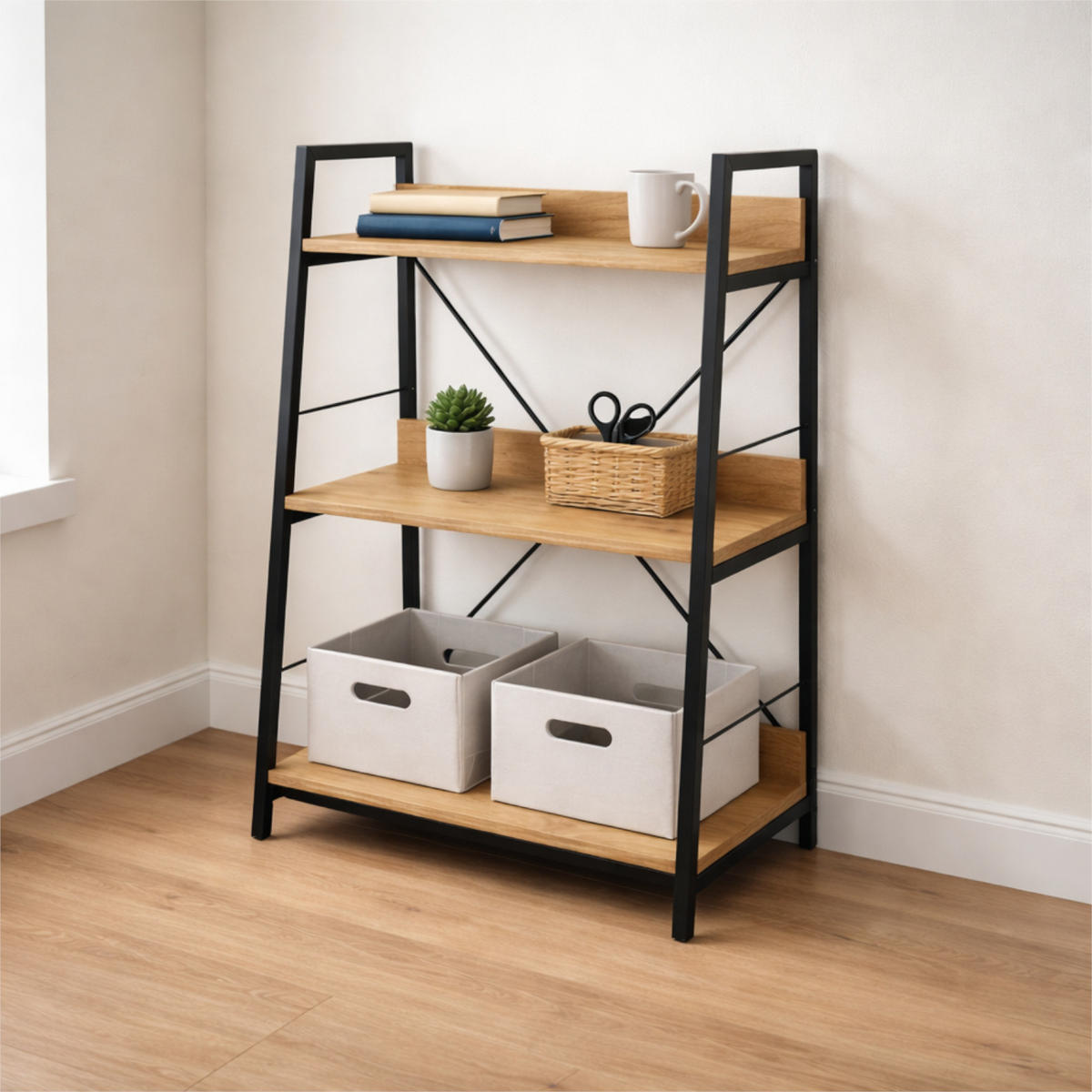 STANDREGAL Holzoptik Metall Eichefarben Schwarz 3 Ebenen 61x35x84 cm - Eichefarben/Schwarz, Holzwerkstoff/Metall (61/84/35cm) - Begryf