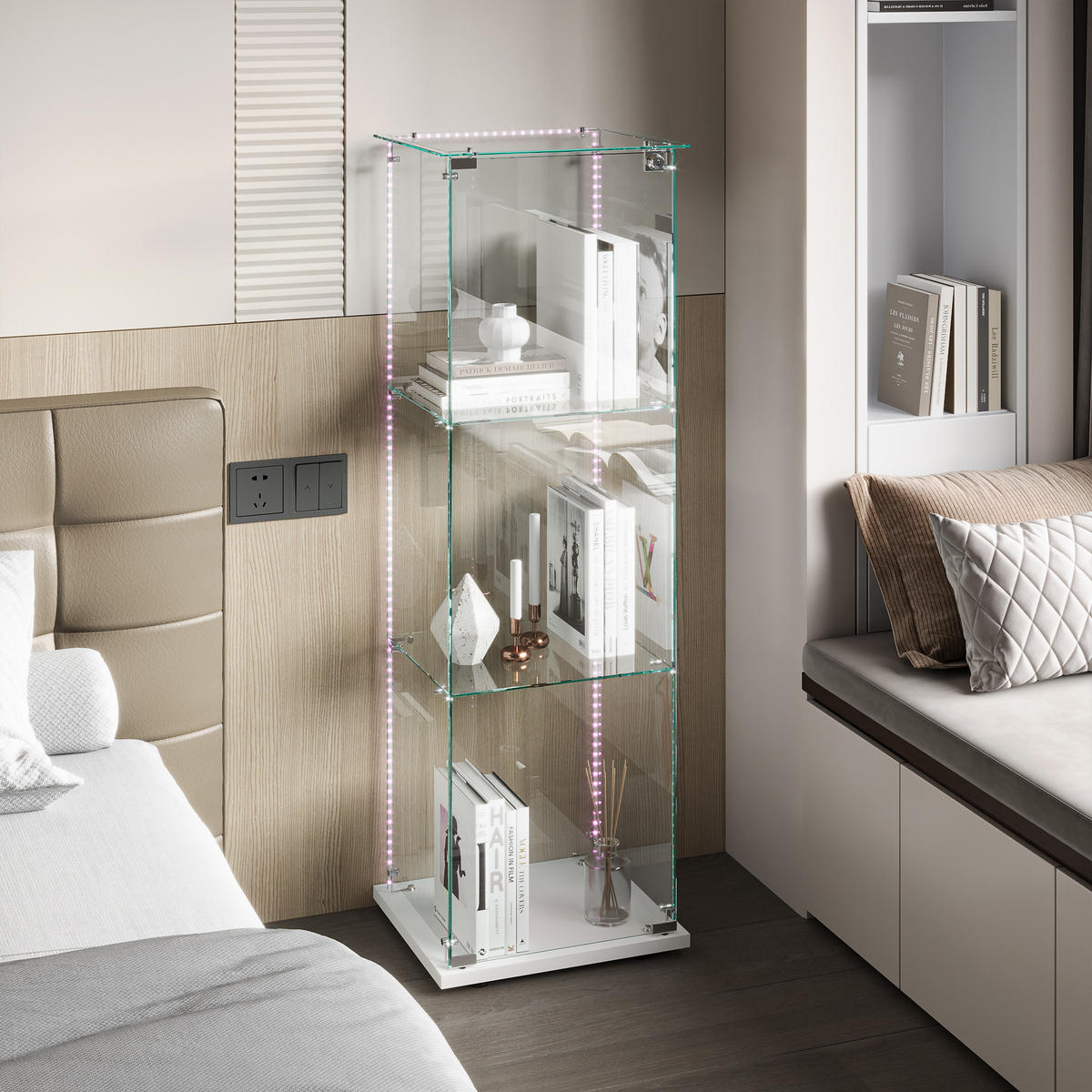 VITRINE, LED-Lichtleiste, 3 Einlageplatten, einzeltür mit Schloss, Weiß - Weiß, Glas (39.8/123.3/35cm) - BRILVERDE