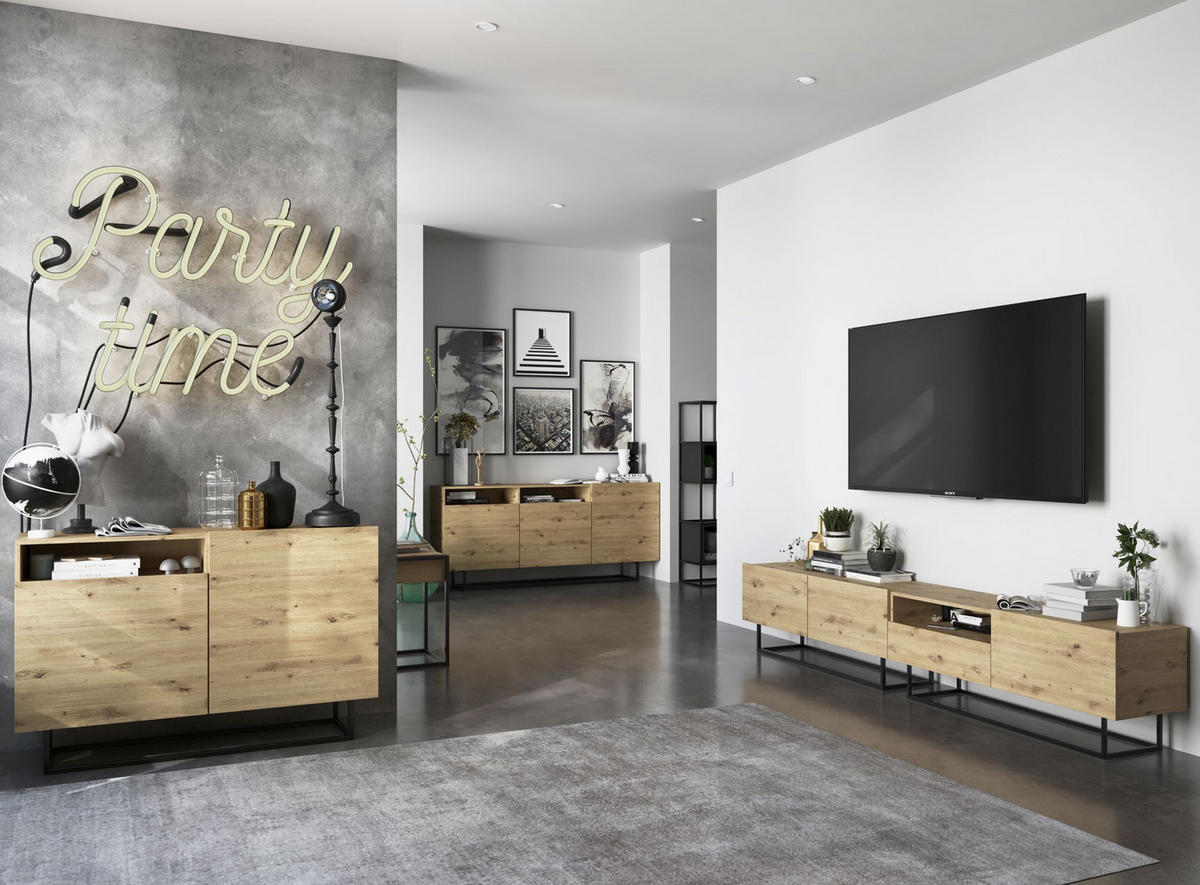 TV-LOWBOARD 2-er Set Enjoy Eiche Artisan Matt mit Metallrahmen 120 cm - Schwarz/Eiche Artisan, Holzwerkstoff/Metall (240/46/35cm) - Meble Lindner