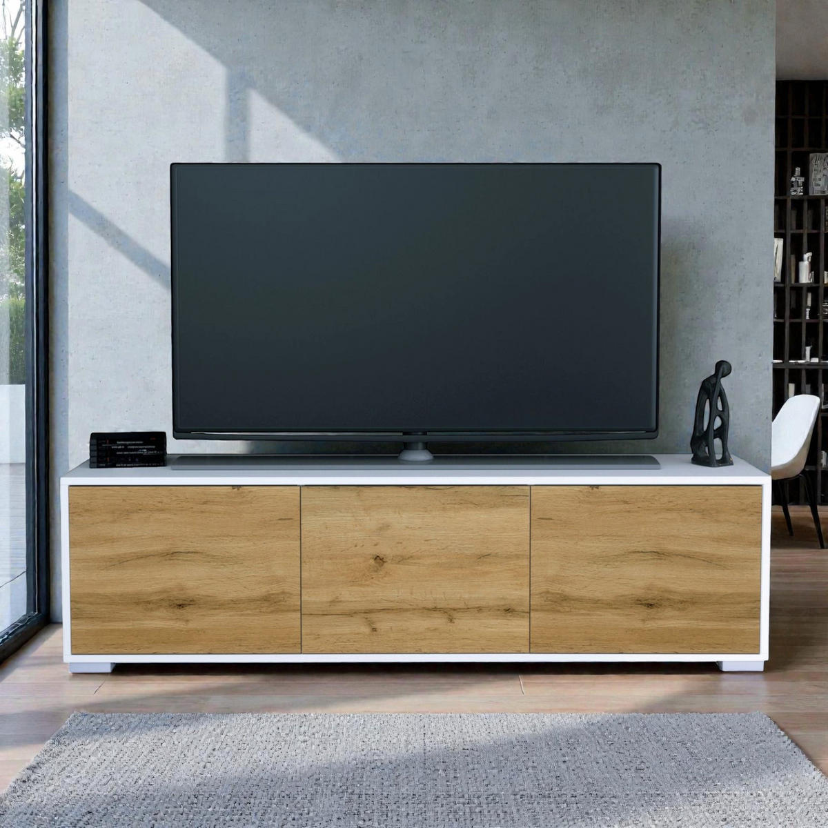 TV-BOARD Elena, Lowboard mit Push-to-Open, Made in Germany, Moderner Fernsehschrank, Weiß matt/Eiche Evoke (152,5 x 43 x 37 cm) - Eiche Wotan, Holzwerkstoff (152.5/43/37cm) - InnoFurn
