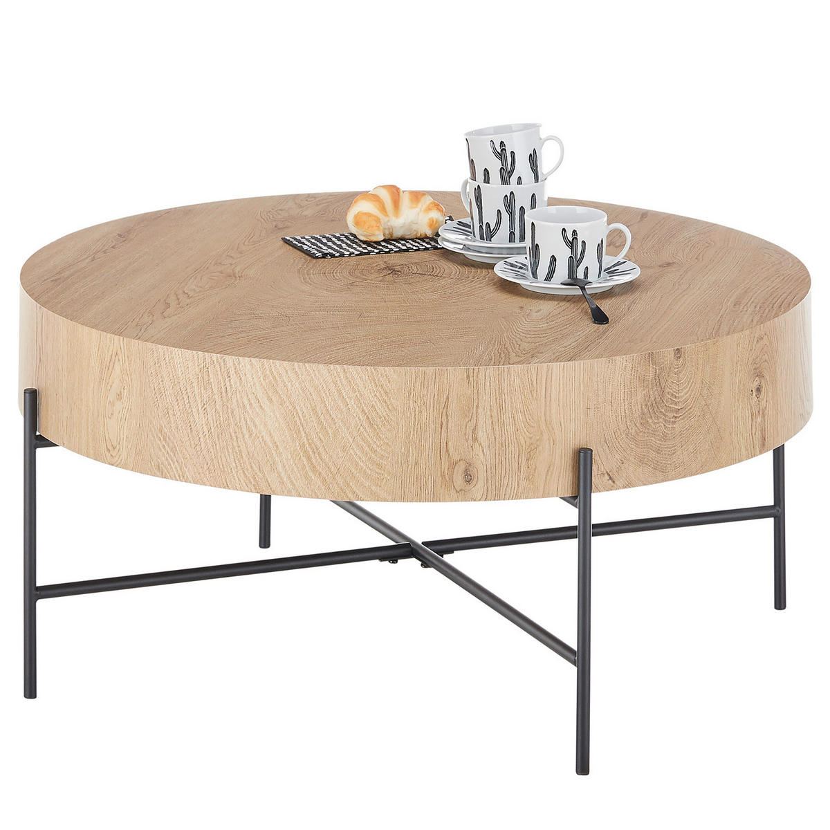 HOME24 Couchtisch Taynard - Eichefarben/Schwarz, Holzwerkstoff/Metall (80/80/37cm) - home24