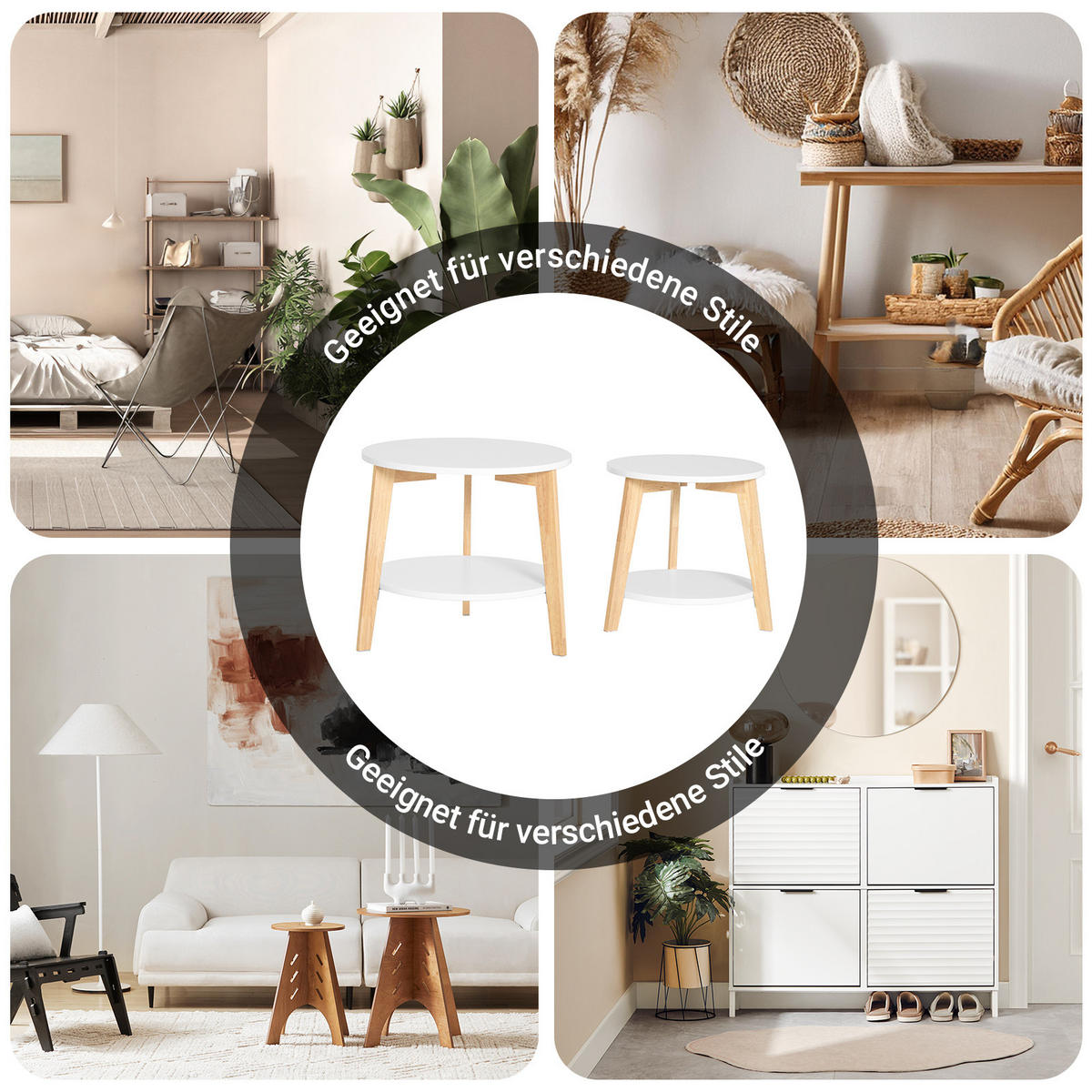 COUCHTISCH-SET 2 Tische, rund, Weiß, Ø50 und Ø40 cm, auch als Beistelltisch, Ablage unten, Holzbeine, Wohnzimmer & Schlafzimmer - Weiß, Holzwerkstoff (46/50/45cm) - SoBuy