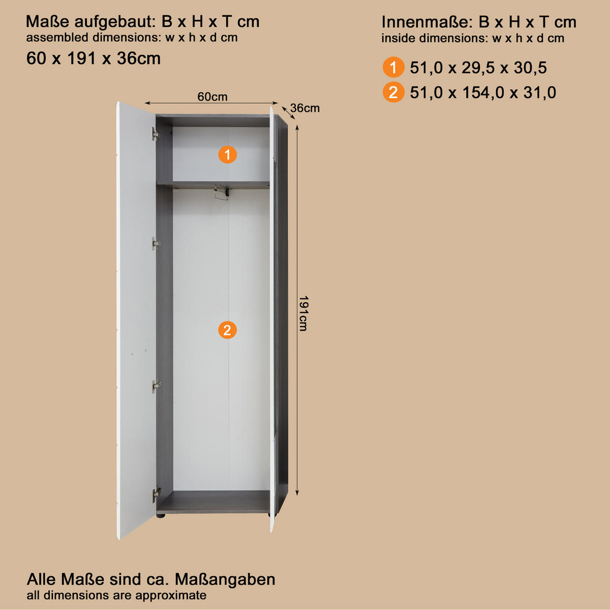GARDEROBENSCHRANK weiß Hochglanz, grau 60 x 191 cm, Flurschrank mit Spiegel - Weiß Hochglanz/Silberfarben, Glas/Holzwerkstoff (60/191/35cm) - Top.Furn