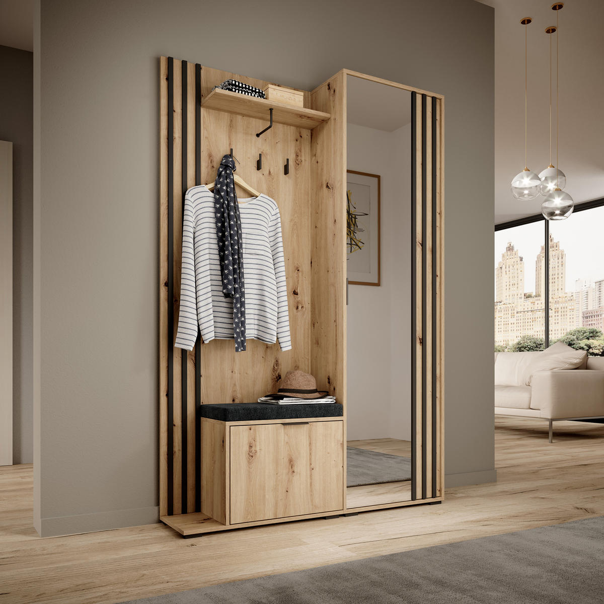 GARDEROBENSCHRANK NELIANA 131/192/40 cm Modern Garderobe-Set Eiche Artisan - Eiche Artisan, Holzwerkstoff (131/192/40cm) - MASSENO