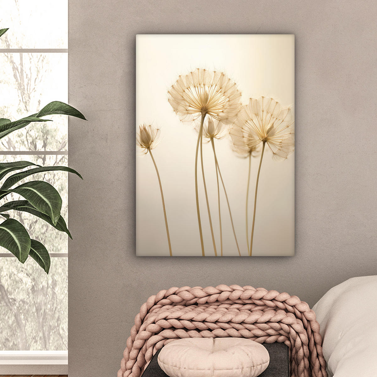 LEINWANDBILD Sonnenlicht - Löwenzahn - Botanisch - Blumen Wandbild Wohnzimmer 60x80 cm - Creme, Textil (60/80cm) - MuchoWow