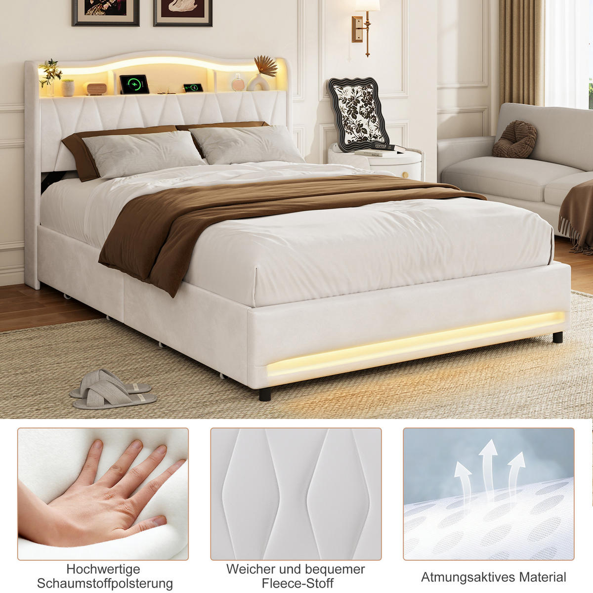 POLSTERBETT 160x200 cm Beige mit LED, USB-C, 4 Schubladen - Beige, Holz (160/200cm)