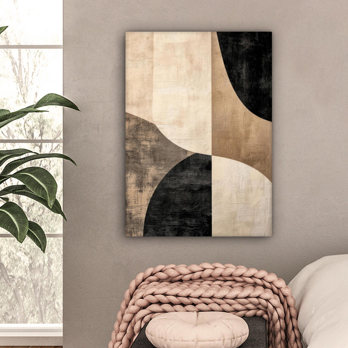 LEINWANDBILD Abstrakt - Flugzeuge - Schwarz - Rund Wandbild Wohnzimmer 60x80 cm - Beige, Textil (60/80cm) - MuchoWow