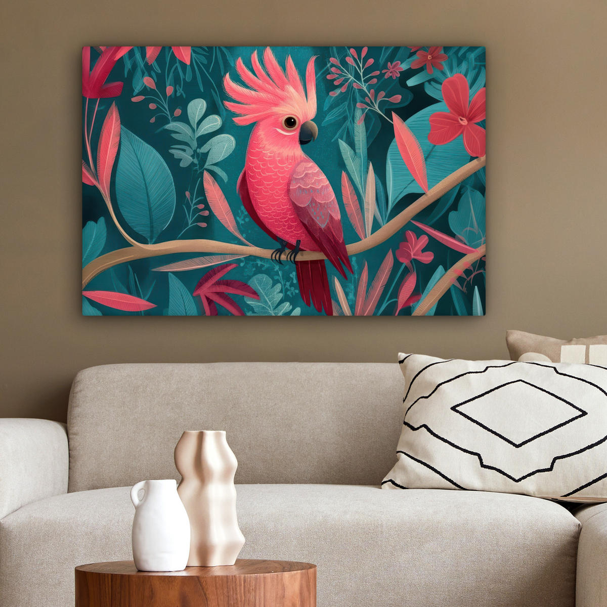 LEINWANDBILD Kakadu - Tropische Blätter - Zweig Wanddeko 90x60 cm - Petrol, Textil (90/60cm) - MuchoWow