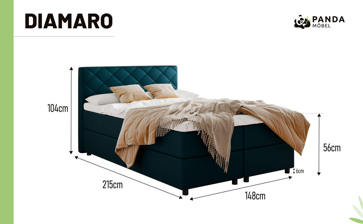 BOXBETT Diamaro 140x200 cm mit Bettkasten und Topper - Dunkeltürkis - Türkis, Holz (140/200cm) - Panda Möbel