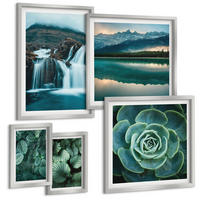 BILDER SET 5er Set - 50x50 cm & 20x30 cm & 40x60 cm Silberner Rahmen - Sukkulenten in Grün und Türkis - Silberfarben, Kunststoff (40/60cm) - TULUP