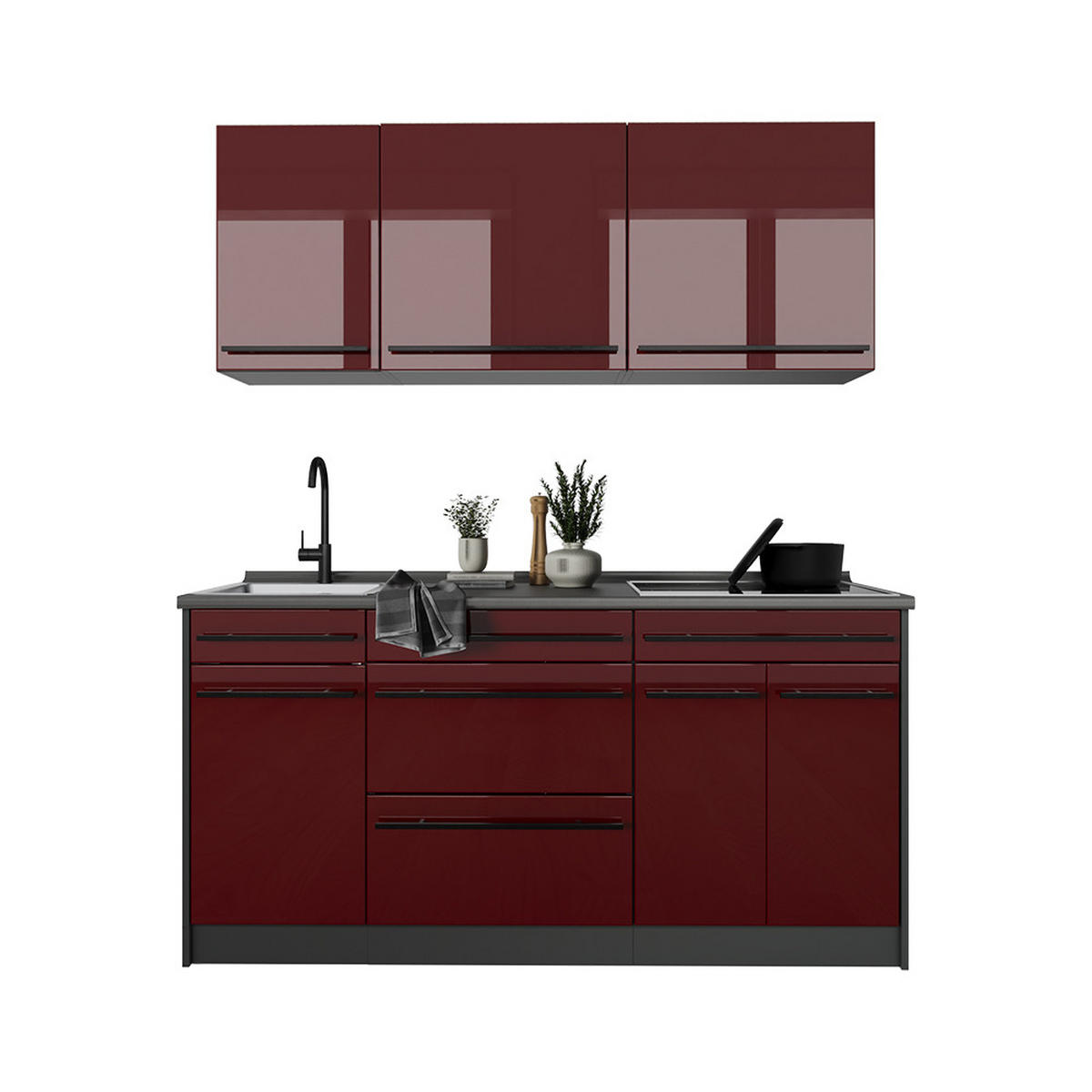 SINGLEKÜCHE R-Line, Rot Hochglanz/Anthrazit, 160 cm ohne Arbeitsplatte - Anthrazit/Rot, Holzwerkstoff (160/81.6/46cm) - Vicco