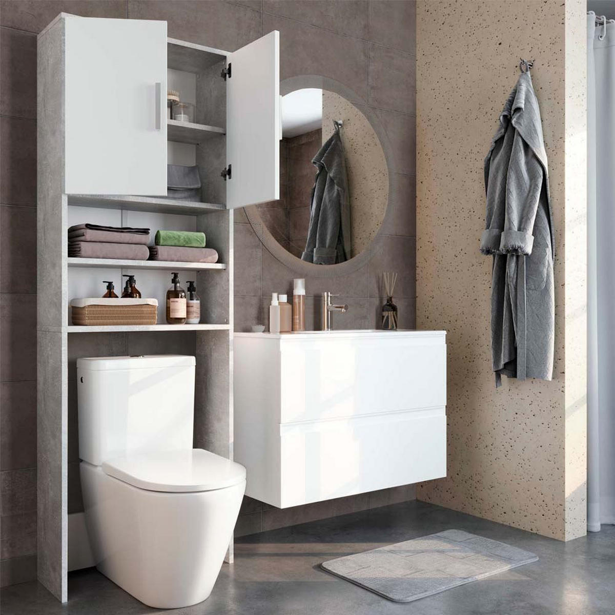 TOILETTENSCHRANK Beton/Weiß 64 x 190 cm mit 2 Türen - Weiß/Grau, Holzwerkstoff (64/190/26cm) - Vicco