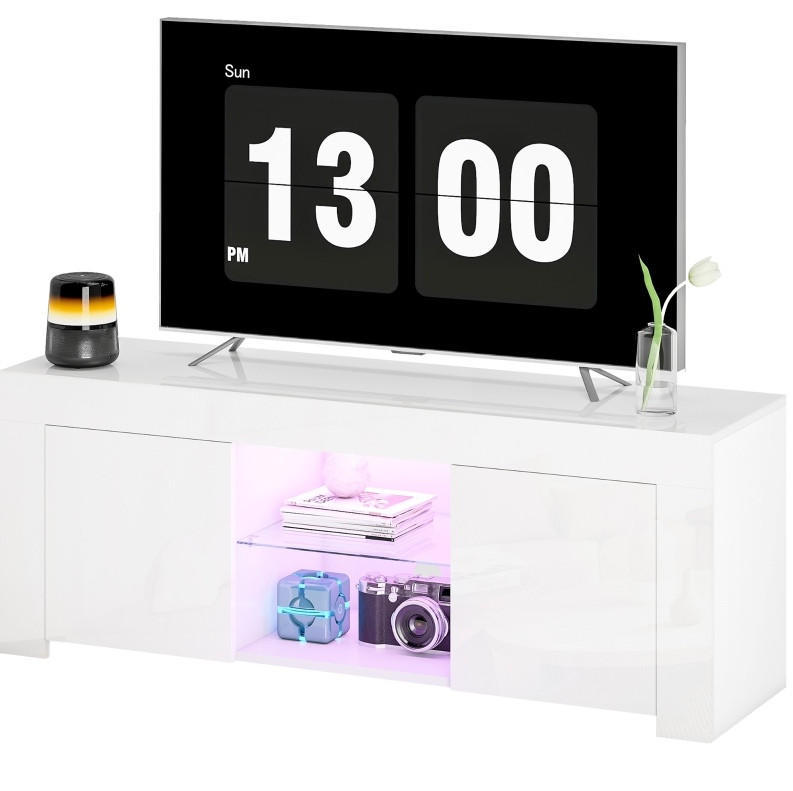 TV-LOWBOARD aus Glas 120x34x45 cm Weiß mit RGB-LED-Beleuchtung, Kabeldurchführungen und 2 Schranktüren - Weiß, Glas (120/45/34cm) - Modfu