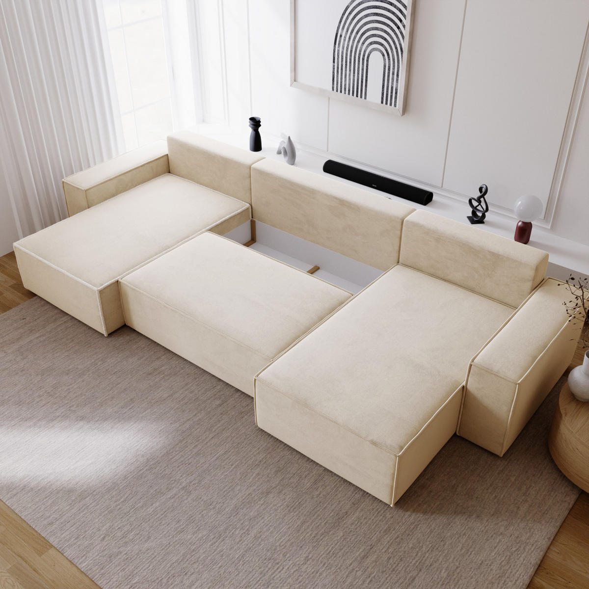 ECKSOFA 380 cm Bergamo U mit Bettkasten, Samt, Vanille - Ecru, Holz (377/189cm) - Emporius