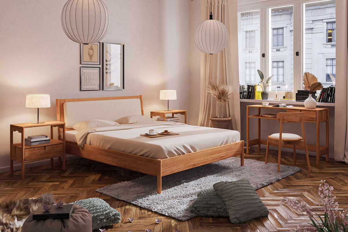 BETT MIT POLSTERKOPFTEIL INA 140x220 Kernbuche - Ecru, Holz (140/220cm) - byoak
