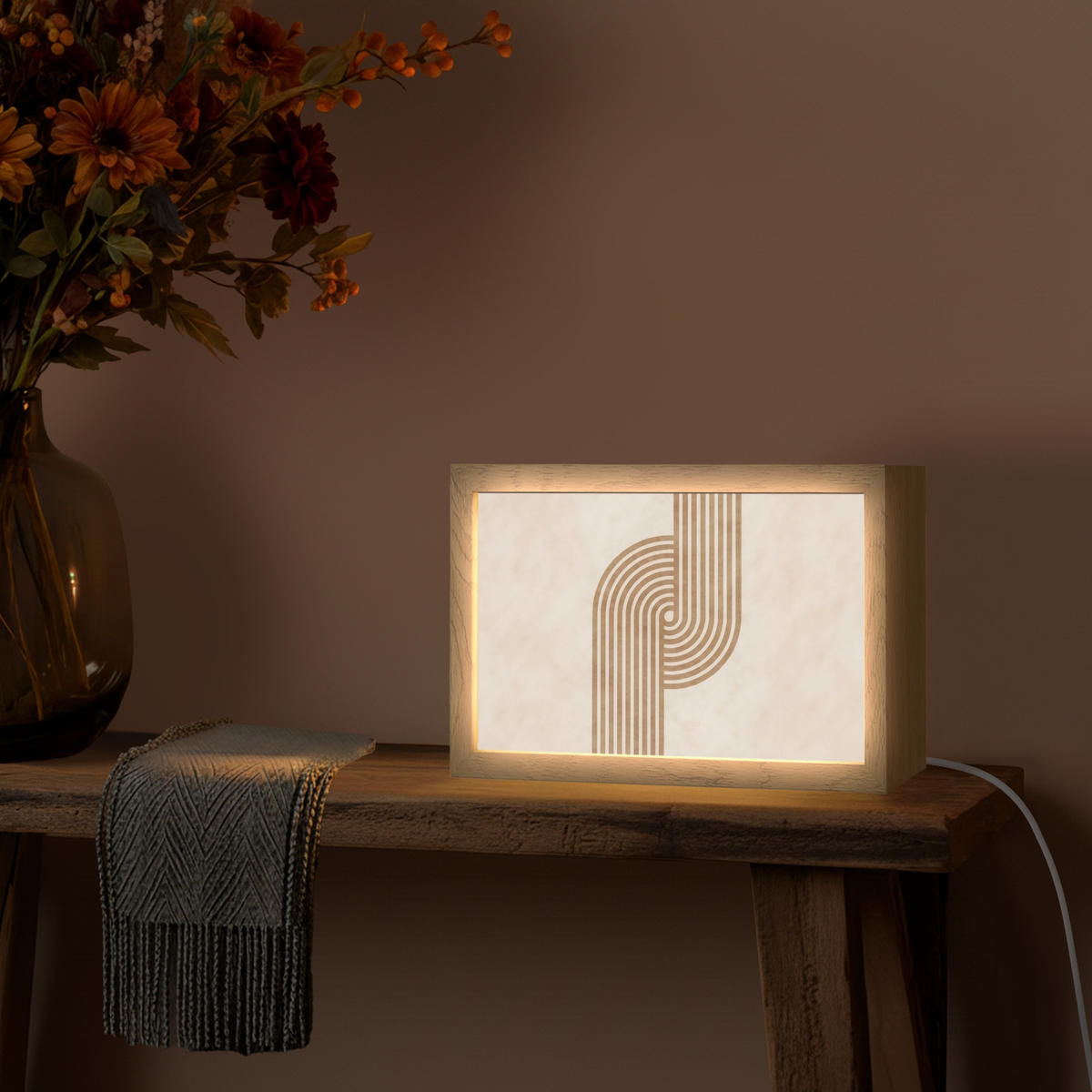 NÁSTĚNNÁ LAMPA Symetrický ohyb - měděná barva 30x20 cm - béžová, kompozitní dřevo (30/20/8cm) - OnlyWow