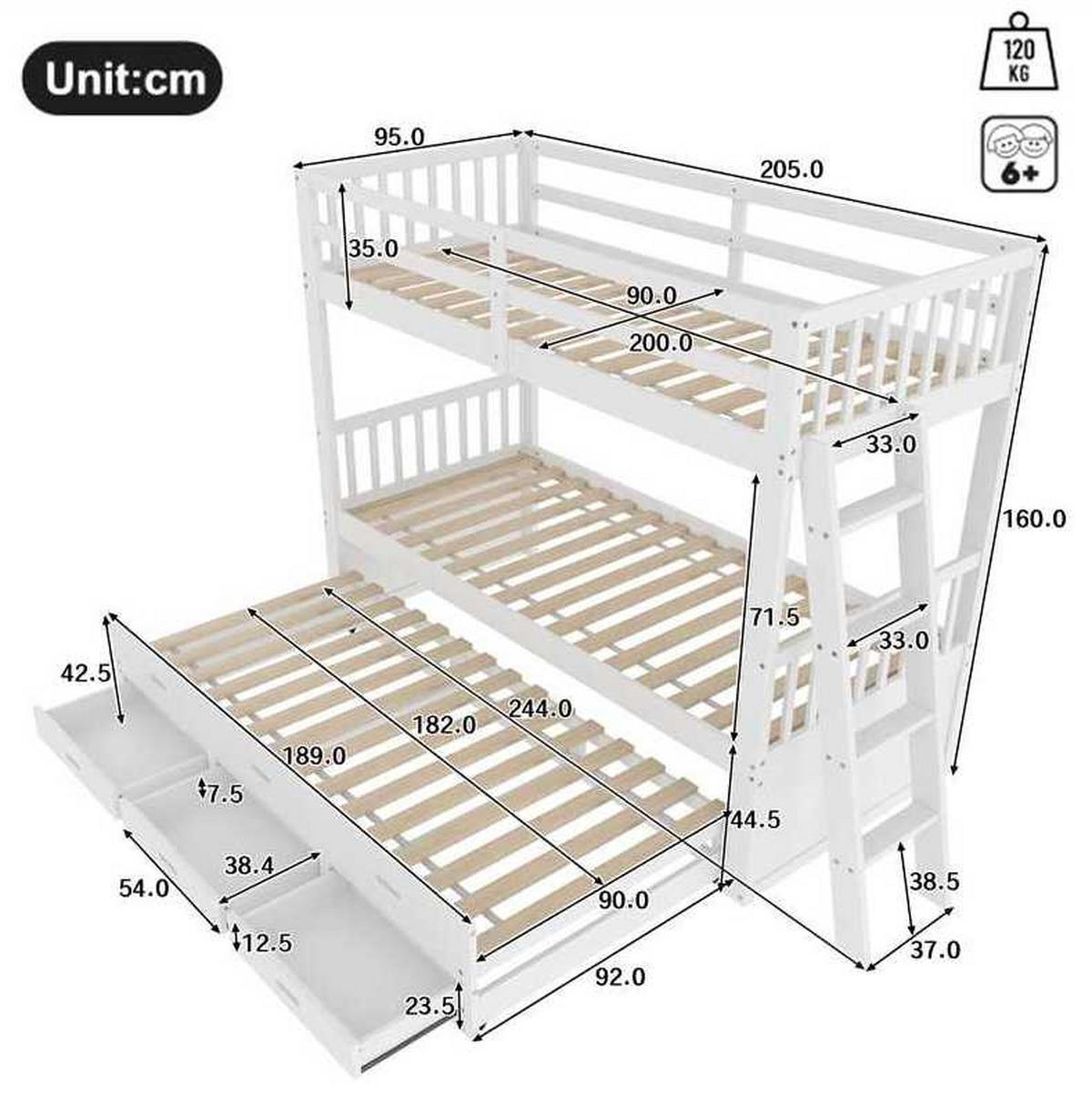 ETAGENBETT aus Kiefernholz & MDF 90x200 cm in Weiß mit Ausziehbett & 3 Schubladen - Weiß, Holz (90/200cm) - Modfu