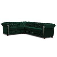 ECKSOFA Chesterfield Cleo Blink Flasche Grün Samt mit Kristallsteppung und braunen Massivholzfüßen - Ottomane Links - Braun/Grün, Holz/Textil (264/210cm) - S-Style Möbel