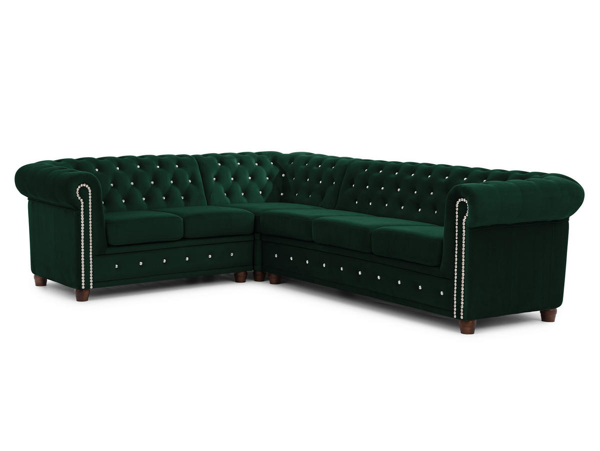 ECKSOFA Chesterfield Cleo Blink Flasche Grün Samt mit Kristallsteppung und braunen Massivholzfüßen - Ottomane Links - Braun/Grün, Holz/Textil (264/210cm) - S-Style Möbel