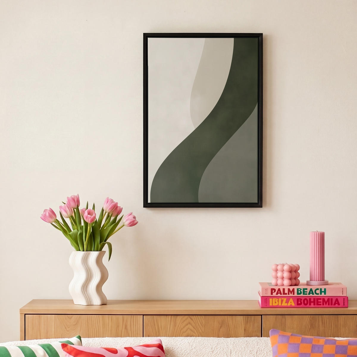 LEINWAND Bilder mit Rahmen - Japandi - Grün - Abstrakt - Modern - 20x30 - Salbeigrün, Textil (20/30cm) - MuchoWow