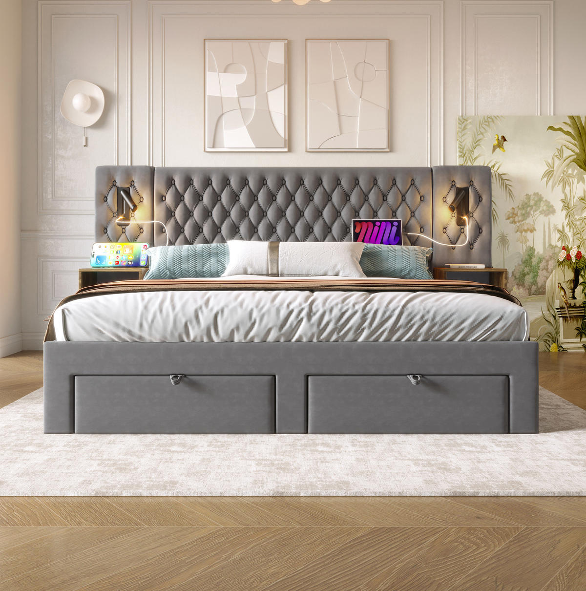 POLSTERBETT aus Samt 180x200 cm Grau mit 4 Schubladen, Nachttischen, Leselampen und USB-C - Grau, Textil (180/200cm) - IVMEU