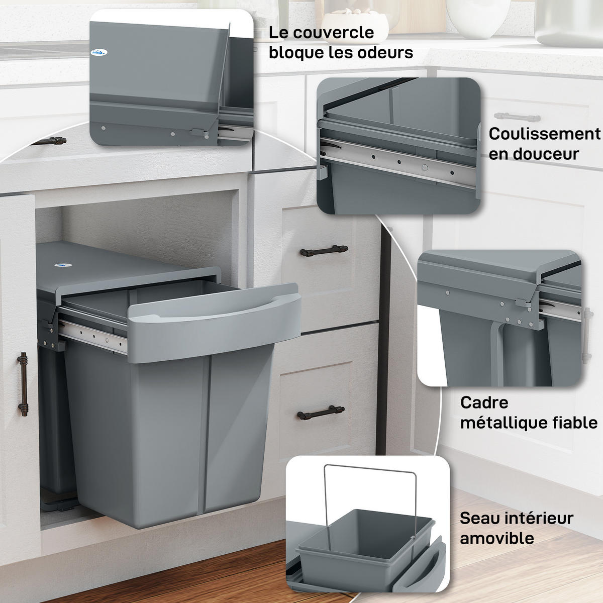 MÜLLTRENNSYSTEM Grau Ausziehbar Soft-Close 2x20L - Grau, Kunststoff (52/41/33.5cm) - PANGIVO