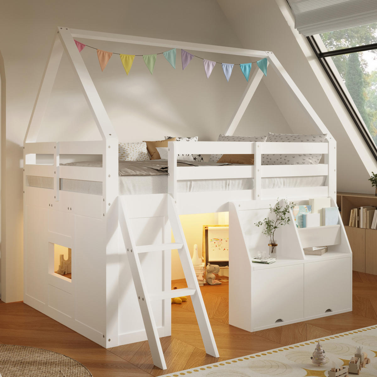 HOCHBETT aus Holz 140x200 cm Weiß mit Treppe, LED-Beleuchtung, Aufbewahrungsboxen und Stofftaschen - Weiß, Holz (140/200cm) - Modfu